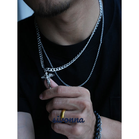 Archangel Crucifix Layered Chain Necklace — Silver