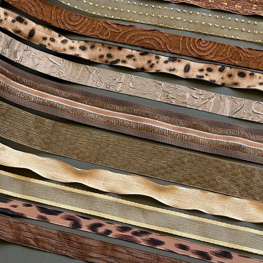 Earth Tone Textured Craft Ribbon close-up showing leopard, woodgrain, and gold satin textures — Sivonna decorative ribbon collection