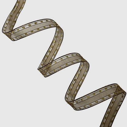 Stitched cream wired ribbon in zigzag fold showing dotted center stitch detail on ivory ground — Sivonna handmade style craft ribbon