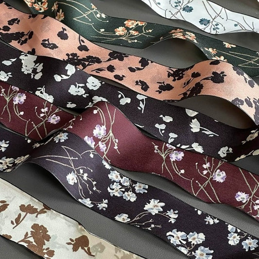 Vintage floral ribbons in dusty rose, burgundy, black, and green, mixed satin and velvet textures for gift wrapping, wedding, and craft projects