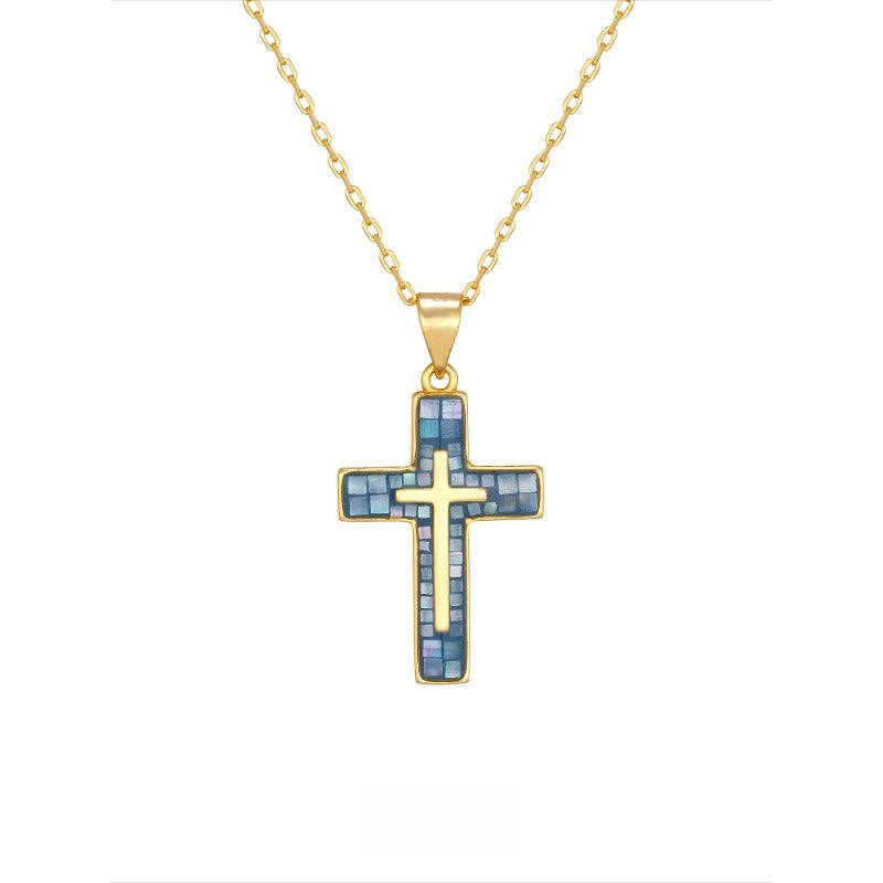 Abalone Shell Mosaic Cross Pendant Necklace in 18K gold plated finish with mosaic abalone shell cross — Sivonna tarnish-resistant cross necklace