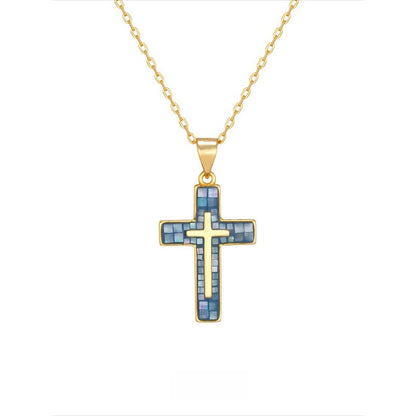 Abalone Shell Mosaic Cross Pendant Necklace in 18K gold plated finish with mosaic abalone shell cross — Sivonna tarnish-resistant cross necklace