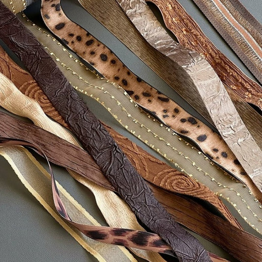 Earth Tone Textured Craft Ribbon full collection featuring leopard print, woodgrain, gold-edge satin, leather texture, and woven stripe in warm brown palette — Sivonna craft ribbon for DIY and floral