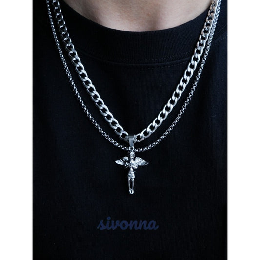 Archangel Crucifix Layered Chain Necklace — Silver