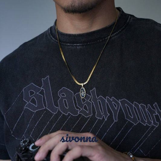 Black Enamel Serpent Oval Pendant Layered Necklace