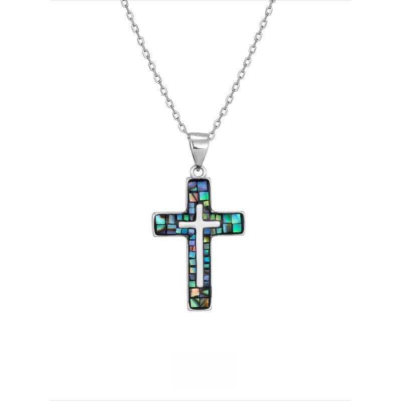 Abalone Shell Mosaic Cross Pendant Necklace in silver tone with natural iridescent shell inlay on cable chain — Sivonna waterproof religious jewelry