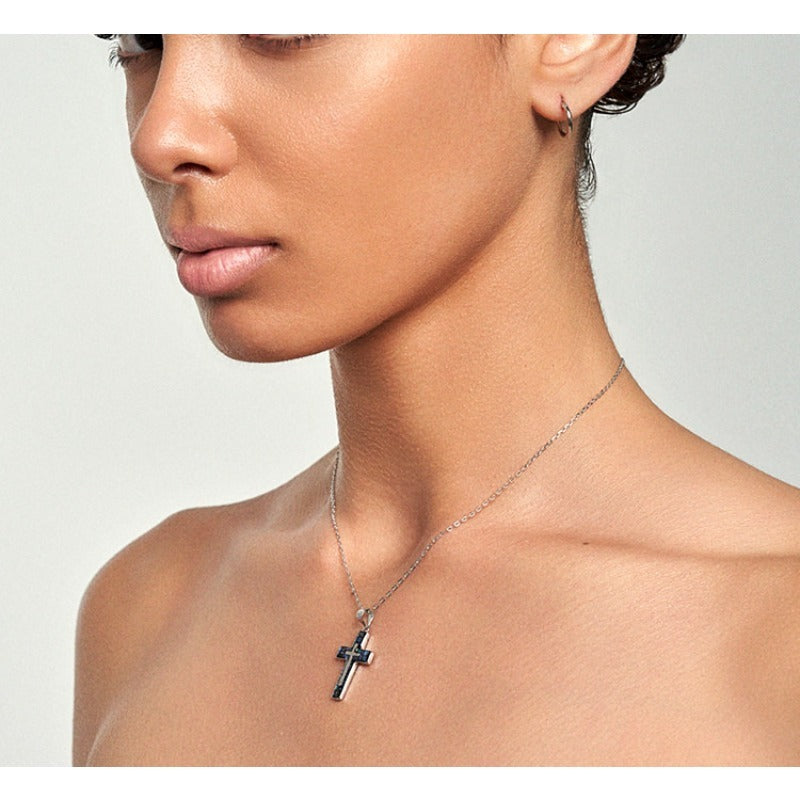 Model wearing Abalone Shell Mosaic Cross Pendant Necklace, side profile detail — natural abalone cross necklace by Sivonna