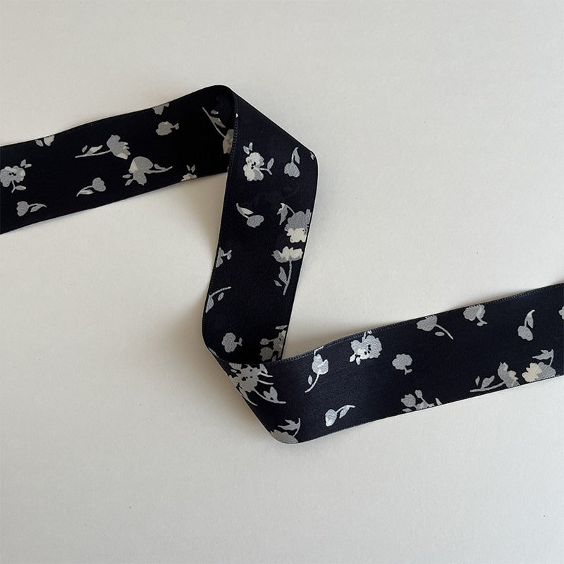 Double-sided black ribbon with white floral print, gothic and moody style ribbon for wedding or craft