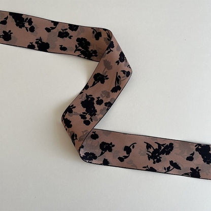 Double-sided coffee brown ribbon with black floral pattern, rustic vintage floral ribbon for gift wrapping