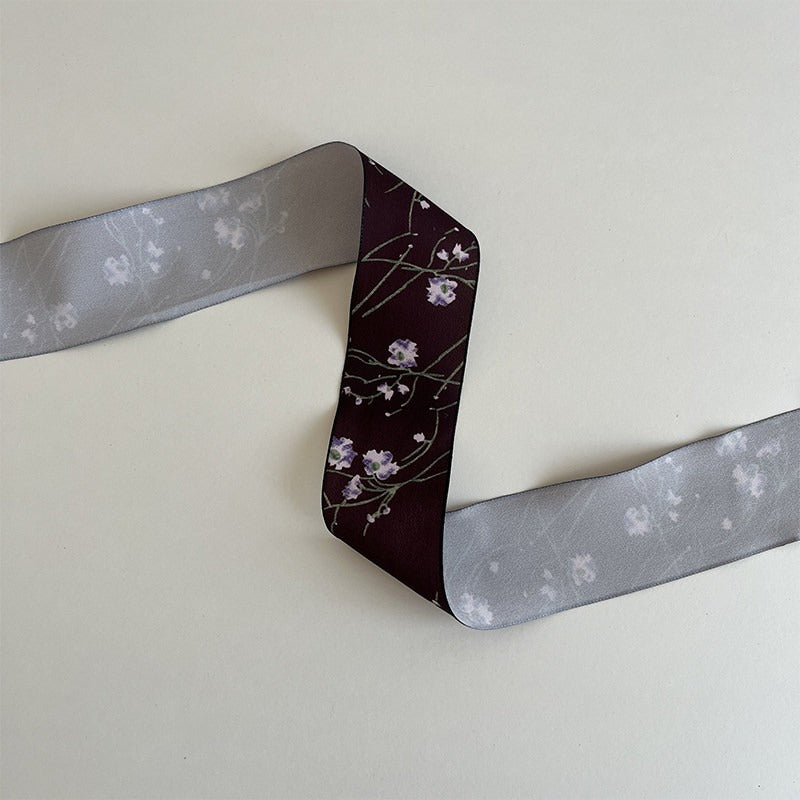Single-sided black ribbon with gray floral print, printed craft ribbon for wedding or moody floral arrangements