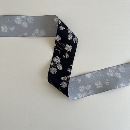 Single-sided gray ribbon with black floral pattern, autumn and rustic style ribbon for gift wrapping or craft