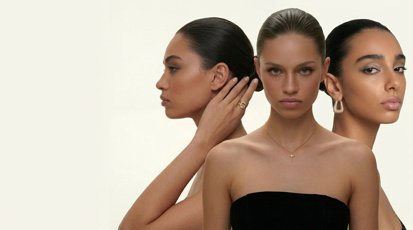 Sivonna minimalist 925 sterling silver and gold jewelry – models wearing earrings, necklaces and rings from the Modern Heritage Collection