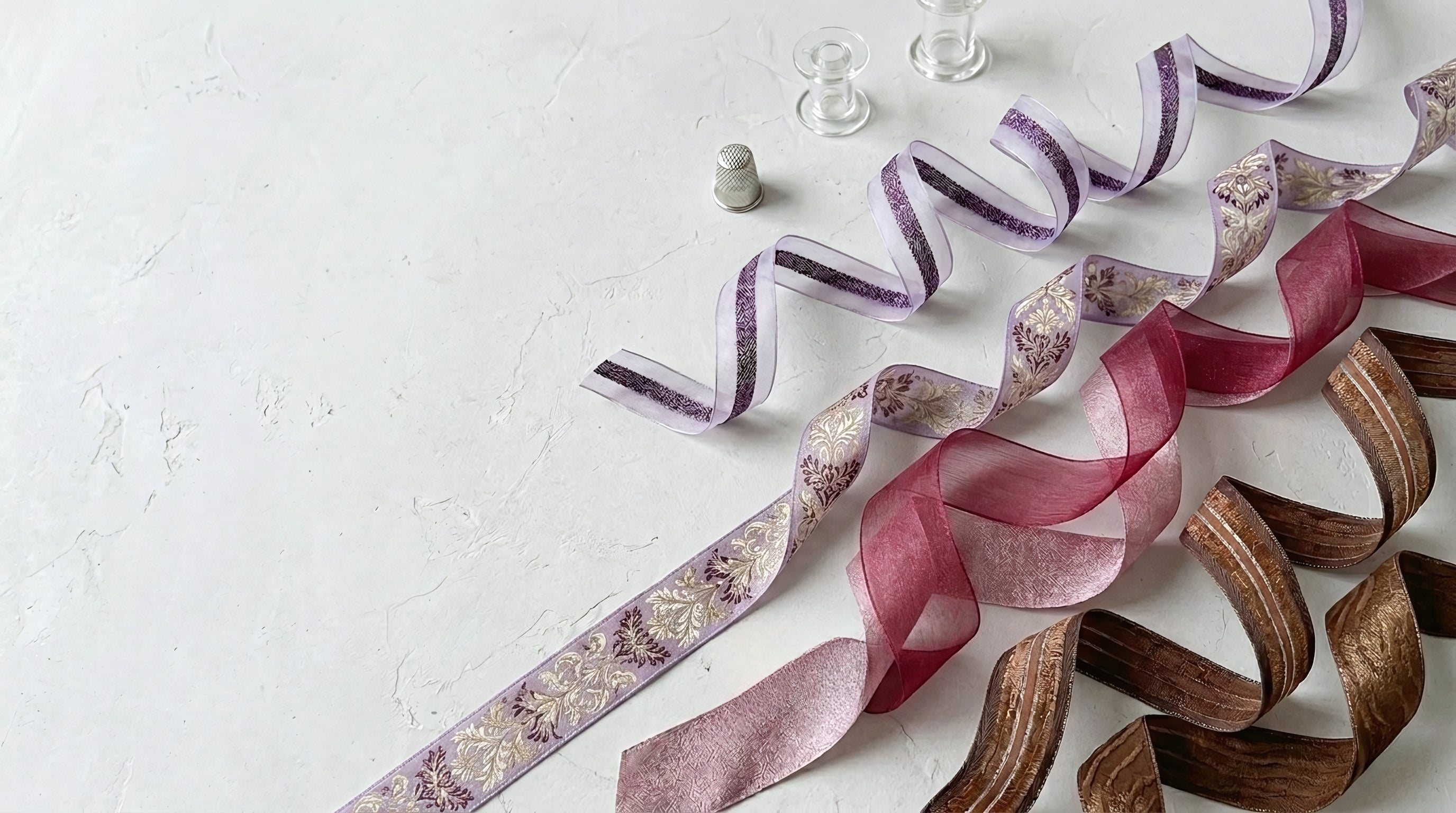 Sivonna silk ribbons in lavender, rose pink, and bronze with sheer organza and embossed textures — curated craft ribbons for floral and gift wrapping