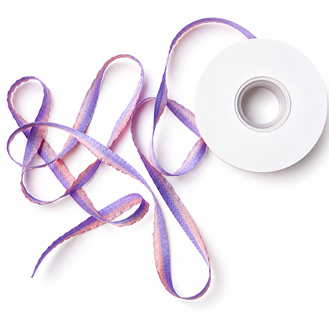 Mauve and lilac pink ribbon with loose loops cascading from white spools — Sivonna wedding floral ribbon