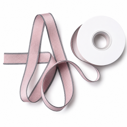 Dusty rose velvet and sheer ribbons draped in flowing curves beside white spool — Sivonna decorative ribbon set