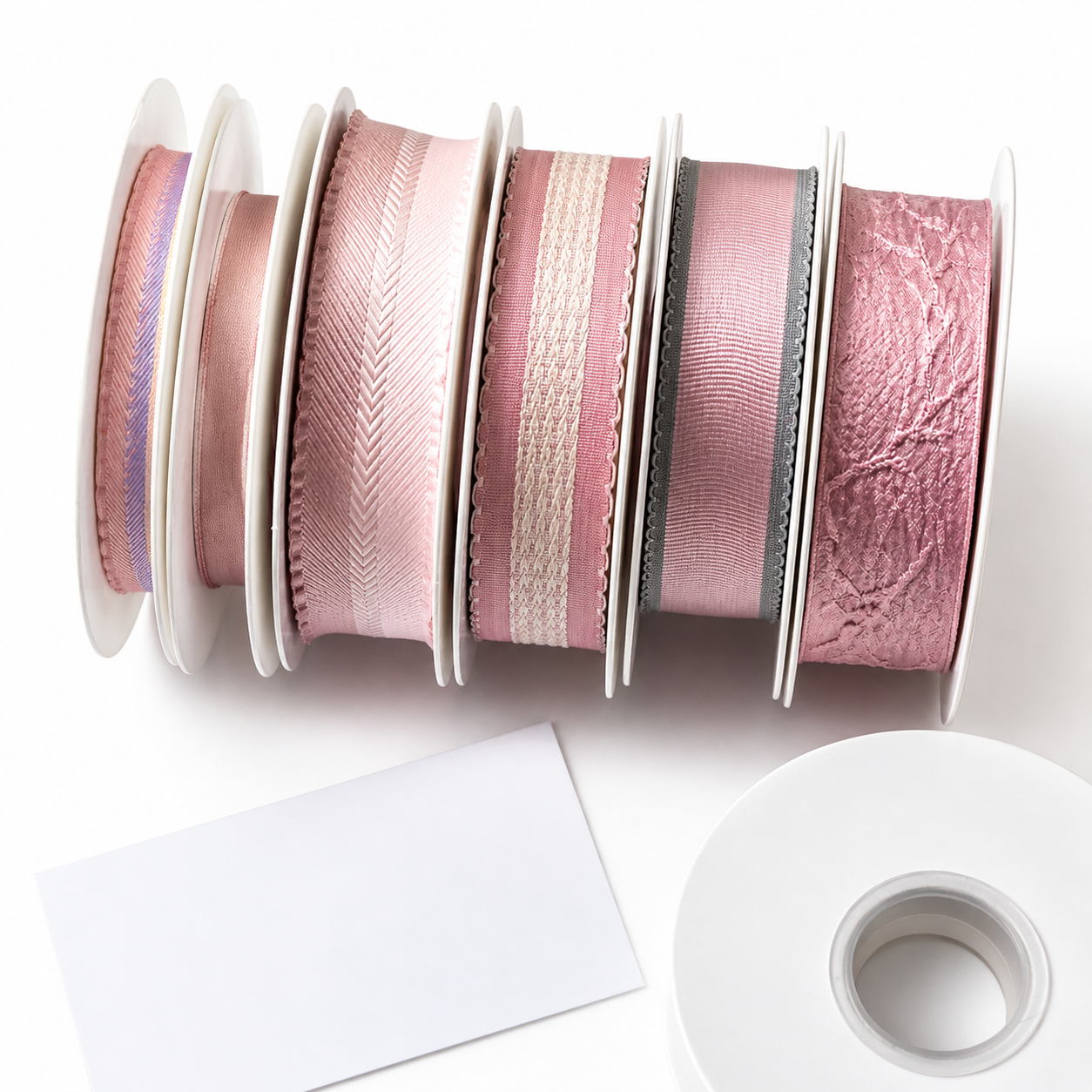 Eight spools of coordinating dusty rose ribbons in varying widths arranged side by side showing satin and organza textures — Sivonna pink ribbon bundle