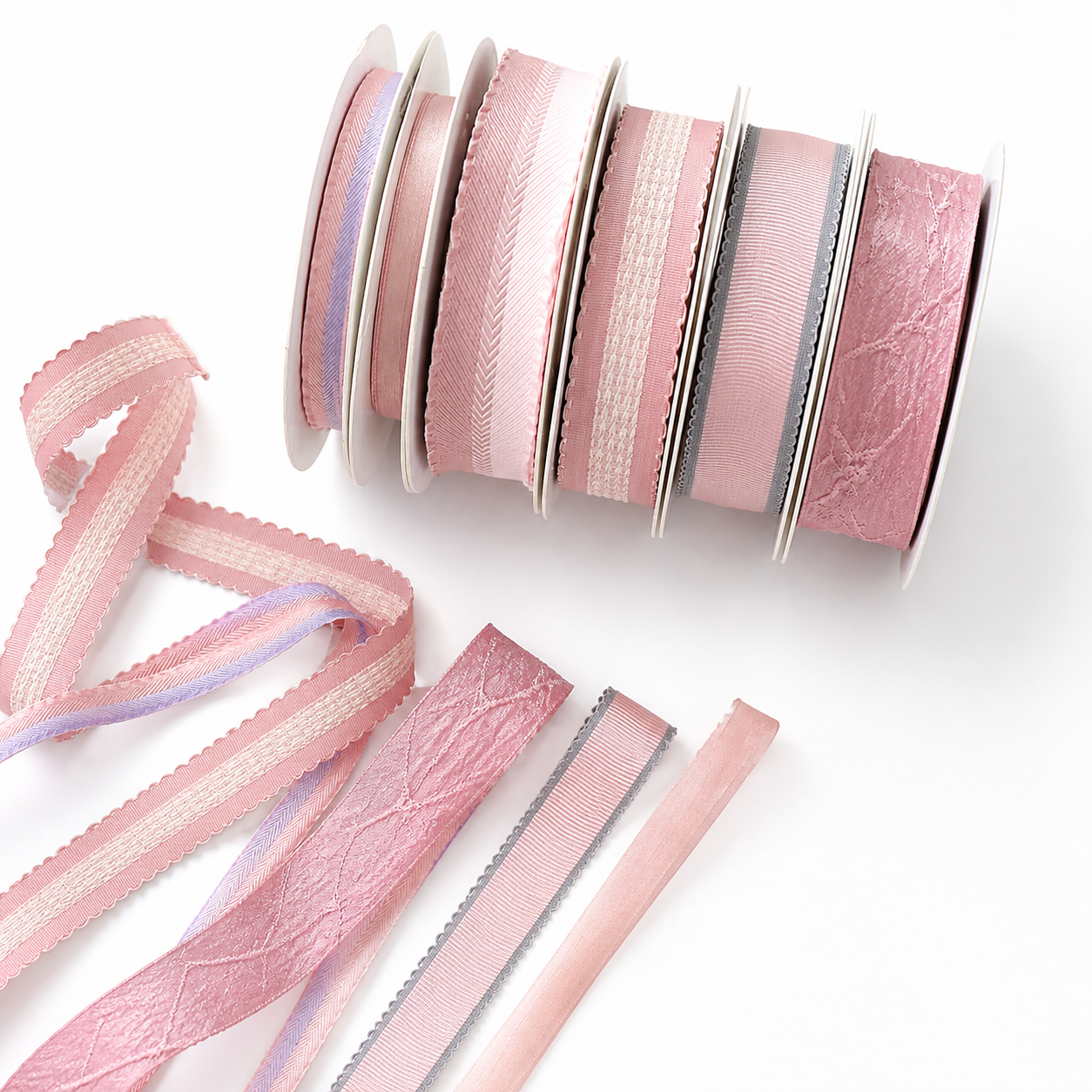Dusty rose pink ribbon set of 8 rolls stacked with satin velvet sheer and organza tails draped forward showing texture variety — Sivonna craft ribbon collection